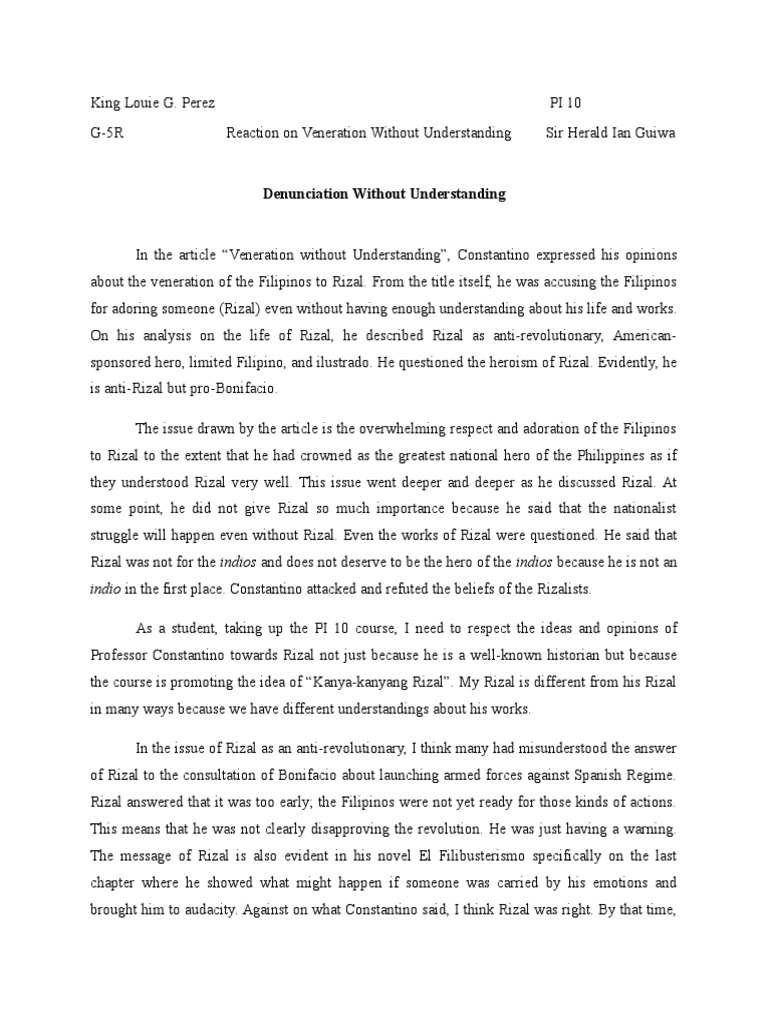 blind adoration rizal veneration without understanding reaction paper